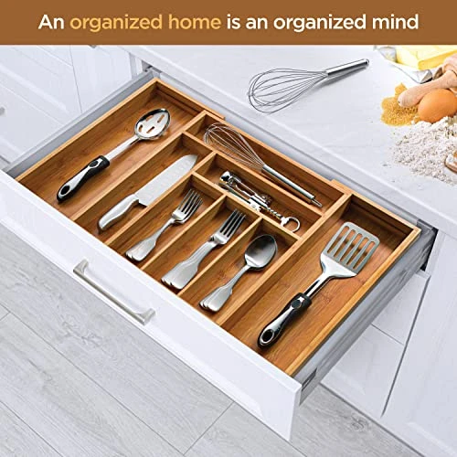 Expandable Bamboo Silverware Organizer - Kitchen Drawer Organizer, Utensil Holder - Drawer Organization And Storage In Kitchen, Bathroom Or Bedroom, 17” Long, Adjustable From 13” - 22.2” Wide, 2” Deep 1 Expandable Bamboo Silverware Organizer - Kitchen Drawer Organizer, Utensil Holder - Drawer Organization And Storage In Kitchen, Bathroom Or Bedroom, 17” Long, Adjustable From 13” - 22.2” Wide, 2” Deep