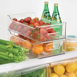 MDesign Wide Plastic Kitchen Storage Container Bins With Handles -Organization In Pantry, Cabinet, Refrigerator Or Freezer Shelves - Food Organizer For Fruit, Yogurt, Squeeze Pouches - 4 Pack - Clear -Peugeot Shop 51QKRLZ6RnL