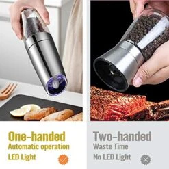 Electric Salt And Pepper Grinder, Automatic Pepper Mill, Gravity Salt Grinder, Battery-Operated With Adjustable Coarseness, LED Light, One Hand Operated (Silver 2Pack) -Peugeot Shop 51QMuR8lAwL