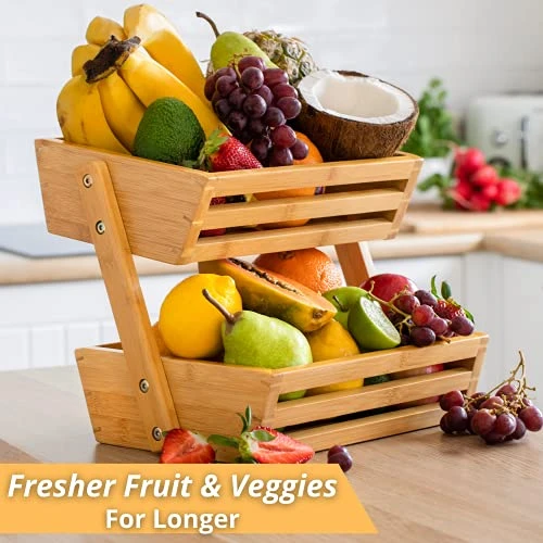 Golden Nature Bamboo Fruit Basket - 2 Tier Fruit Basket, Fruit Baskets For Kitchen Counter, Fruit Bowl, Fruit Stand, Banana Holder - Fruit Holder For Potato Storage, Onion Storage, Fruit & Veg Storage 2 Golden Nature Bamboo Fruit Basket - 2 Tier Fruit Basket, Fruit Baskets For Kitchen Counter, Fruit Bowl, Fruit Stand, Banana Holder - Fruit Holder For Potato Storage, Onion Storage, Fruit & Veg Storage - Image 2