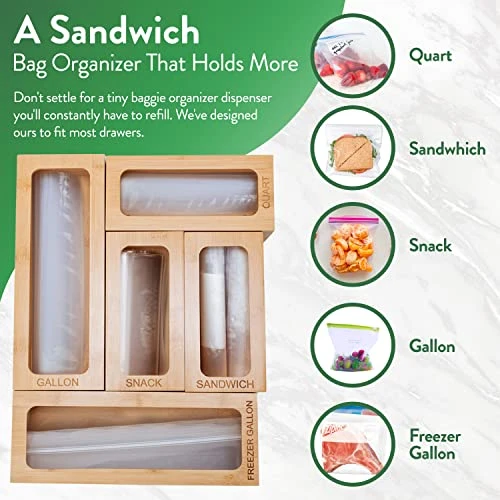 Bamboo Ziplock Bag Organizer For Drawer, Kitchen Storage Bag Organizer, 5 Separate Baggie Organizer For Drawer With Non-Slip Feet And Hanging Holes, Kitchen Organization And Storage 4 Bamboo Ziplock Bag Organizer For Drawer, Kitchen Storage Bag Organizer, 5 Separate Baggie Organizer For Drawer With Non-Slip Feet And Hanging Holes, Kitchen Organization And Storage - Image 4