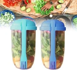 AGSIXZLAN 2pcs Salad Cup Set With Fork And Salad Dressing Holder - Keep Fit Salad Meal Shaker Cup - Portable Fruit And Vegetable Salad Cups Container For Lunch - （Blue+Green Salad） Container. -Peugeot Shop 51Qbc5SrOGL. AC