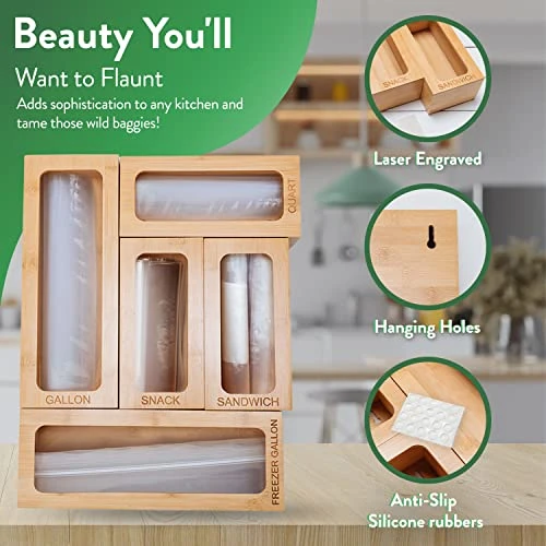 Bamboo Ziplock Bag Organizer For Drawer, Kitchen Storage Bag Organizer, 5 Separate Baggie Organizer For Drawer With Non-Slip Feet And Hanging Holes, Kitchen Organization And Storage 6 Bamboo Ziplock Bag Organizer For Drawer, Kitchen Storage Bag Organizer, 5 Separate Baggie Organizer For Drawer With Non-Slip Feet And Hanging Holes, Kitchen Organization And Storage - Image 6