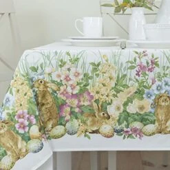 Ming Bunnies Fabric Easter Tablecloth, Spillproof Indoor/Outdoor Spring And Easter Table Cloth (Blooming Bunnies, 60" X 120" Rectangular)