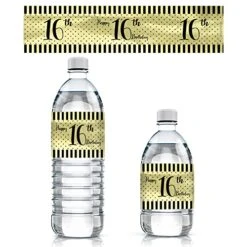 Black And Gold 16th Birthday Water Bottle Labels - Shiny Foil - 24 Stickers