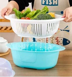 3 In 1 Dish Tub And Colander Set With Lid, Vegetable Washer With Bowl, Dishpan Strainer Basket Lettuce Washer And Dryer - Water Drain And Compact Storage(Blue) - 4 Quarts -Peugeot Shop 51RQae10GFL
