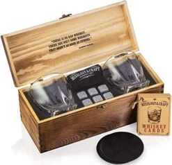 Whiskey Stones Gift Set - Pack Of 6 Granite Chilling Rocks W/ 2 10 Oz Old Fashioned Glasses In Wooden Box - Whiskey Gifts For Men On Birthday, Father's Day Or Christmas