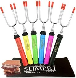 Marshmallow Roasting Sticks, Smores Skewers Telescoping Rotating Forks Set Of 6 Hot Dog Fire Pit Outdoor Fireplace Campfire Accessories-6 Multicolored 34 Inch Extendable Steel Fork Camping Kit
