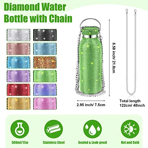 12 PCS Diamond Water Bottle Bulk Stainless Steel Insulated Water Bottle With Chain Bling Rhinestone Refillable Thermal Bottle Glitter Diamond Cup For Women Girls Gifts, 12 Colors (17 Oz) 2 12 PCS Diamond Water Bottle Bulk Stainless Steel Insulated Water Bottle With Chain Bling Rhinestone Refillable Thermal Bottle Glitter Diamond Cup For Women Girls Gifts, 12 Colors (17 Oz) - Image 2