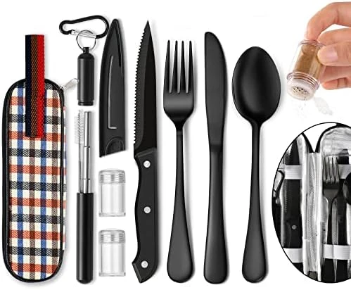 Portable Travel Utensils Set, Travel Camping Cutlery Set, Reusable Stainless Steel Flatware Set With Case For Office School Picnic (Black) 6 Portable Travel Utensils Set, Travel Camping Cutlery Set, Reusable Stainless Steel Flatware Set With Case For Office School Picnic (Black) - Image 6