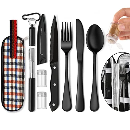 Portable Travel Utensils Set, Travel Camping Cutlery Set, Reusable Stainless Steel Flatware Set With Case For Office School Picnic (Black) 1 Portable Travel Utensils Set, Travel Camping Cutlery Set, Reusable Stainless Steel Flatware Set With Case For Office School Picnic (Black)