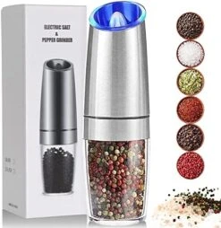 Electric Salt And Pepper Grinder, Automatic Pepper Mill, Gravity Salt Grinder, Battery-Operated With Adjustable Coarseness, LED Light, One Hand Operated (Silver 2Pack) -Peugeot Shop 51S62hZfPLL. AC