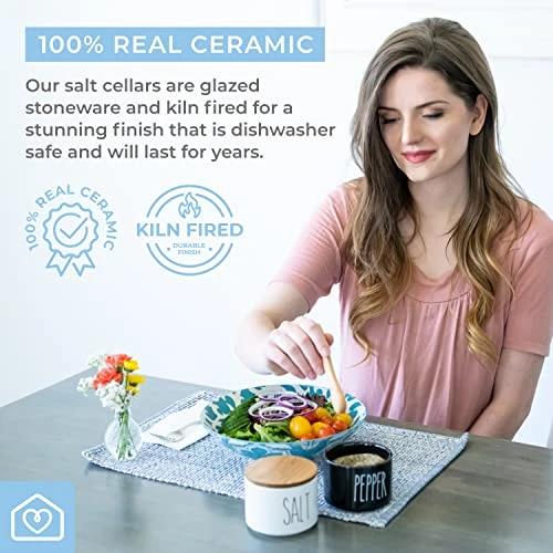 Ceramic Salt And Pepper Bowls. Dual Holder Salt Cellar With Lid. Black And White Stackable Salt Container Set. Salt Keeper, Pepper Bowl, 2 Airtight Wooden Lids. 9oz Salt Box Pinch Dish 3 Ceramic Salt And Pepper Bowls. Dual Holder Salt Cellar With Lid. Black And White Stackable Salt Container Set. Salt Keeper, Pepper Bowl, 2 Airtight Wooden Lids. 9oz Salt Box Pinch Dish - Image 3