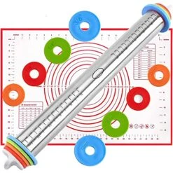 17'' Adjustable Rolling Pin Stainless Steel And 24"x16" Silicone Pastry Baking Mat Set，Adjustable Size Rolling Pin With Thickness Rings, Baking Tools For Making Pizza, Cookies, Fudge, Cakes, Pasta