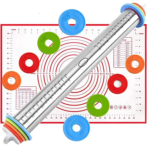 17'' Adjustable Rolling Pin Stainless Steel And 24"x16" Silicone Pastry Baking Mat Set,Adjustable Size Rolling Pin With Thickness Rings, Baking Tools For Making Pizza, Cookies, Fudge, Cakes, Pasta 1 17'' Adjustable Rolling Pin Stainless Steel And 24"x16" Silicone Pastry Baking Mat Set,Adjustable Size Rolling Pin With Thickness Rings, Baking Tools For Making Pizza, Cookies, Fudge, Cakes, Pasta