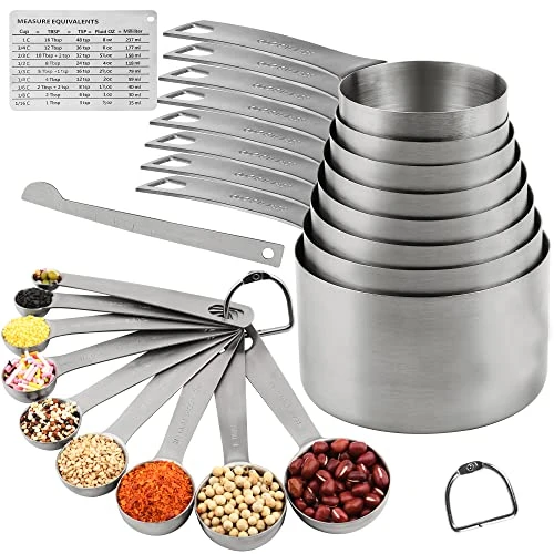 Measuring Cups Set, 18/8 Stainless Steel Measuring Cups And Spoons Set, 8 Kitchen Measuring Cups & 9 Baking Measuring Spoons & Magnetic Conversion Chart&Leveler&Rings-Metal Measure Cups&Spoons 1 Measuring Cups Set, 18/8 Stainless Steel Measuring Cups And Spoons Set, 8 Kitchen Measuring Cups & 9 Baking Measuring Spoons & Magnetic Conversion Chart&Leveler&Rings-Metal Measure Cups&Spoons