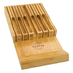 In-Drawer Knife Block, Bamboo Knife Drawer Organizer Insert, Kitchen Knife Holder Drawer For 12 Knives PLUS A Slot For Your Knife Sharpener (Without Knives)