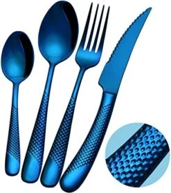 16-Piece ​Modern Black Hammered Silverware Set With Ultra Sharp 2-IN-1 Serrated Knive, 18/10 Stainless Steel Flatware Set, Titanium ​Plated Cutlery Set Service For 4, Reusable, Dishwasher Safe -Peugeot Shop 51TXsIUBCL. AC