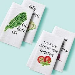 Funny Kitchen Tea Towels Foodie Housewarming Gift- Set Of 4 Dish Waffle Vegetables Towels Gift For Wedding Shower Fun Hostess Kitchen Decor Christmas New Home -Peugeot Shop 51TlaUHUETL