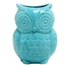 Aqua Blue Owl Shaped Ceramic Kitchen Crock Utensil Holder, 8 Inch Multipurpose Storage Jar Vase Canister, Art Brush Holder
