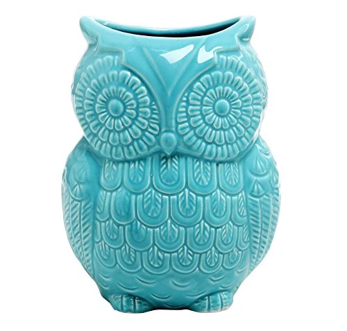 Aqua Blue Owl Shaped Ceramic Kitchen Crock Utensil Holder, 8 Inch Multipurpose Storage Jar Vase Canister, Art Brush Holder 1 Aqua Blue Owl Shaped Ceramic Kitchen Crock Utensil Holder, 8 Inch Multipurpose Storage Jar Vase Canister, Art Brush Holder