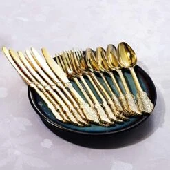 200PCS Gold Plastic Silverware Set- Disposable Flatware - Disposable Gold Plastic Cutlery For Party- Includes 50 Forks,50 Spoons,50 Knives,50 Napkins,50 Butterfly Clasp -Peugeot Shop 51Uz1l0yLPL
