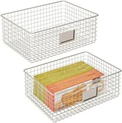 MDesign Large Steel Wire Storage Organizer Bin Baskets With Label Slot - Kitchen Pantry, Bathroom, Cabinet, Cupboard, Organizing Holder For Food, Snacks, Produce - Omaha Collection - 2 Pack - Black -Peugeot Shop 51VEa1bcYfL. AC