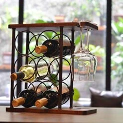 Wine Racks Countertop, Wine Holder And Glasses Rack, Wooden Wine Stand With Tray, Perfect For Home Decor & Kitchen Storage Rack Etc (Hold 6 Bottles And 2 Glasses) -Peugeot Shop 51VX7i4RjdL