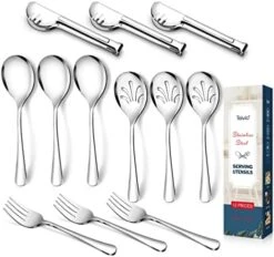 Stainless Steel Metal Serving Utensils - Large Serving Sets - 10" Spoons, 10" Slotted Spoons, 10" Forks And 9" Tongs By Teivio (Silver, 12 - Pieces) -Peugeot Shop 51VYES Xw8L. AC