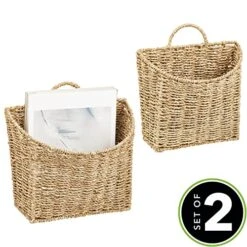 Woven Seagrass Hanging Wall Storage Basket For Flowers & Essentials, Decorative Boho Mounted Organizer For Pantry, Closet, Bathroom, And The Door - Set Of 2 - Natural