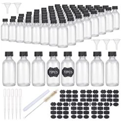 72pcs 2oz Small Clear Glass Bottles For Liquids With Lids Round Boston Travel Jar For Vanilla Hot Sauce Juice Whiskey With 72 Labels,5 Funnels,5 Droppers,1 Brush ,1 Chalk Marker