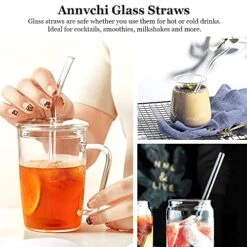Reusable Drinking Straws Glass Clear 12-Pack, With 4 Cleaning Brush Size 8.5''x10 MM Set Of 6 Straight And 6 Bent - Perfect For Cocktail Glass, Smoothies, Tea, Juice, Milkshakes -Peugeot Shop 51VmMcLopQL