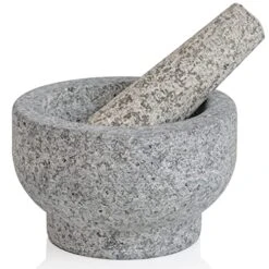 Grey Mortar And Pestle Set - 5 Inch - 1 Cup Capacity - Heavy Granite For Grinding Spices, Herbs And Avocado Masher For Guacamole And Pesto