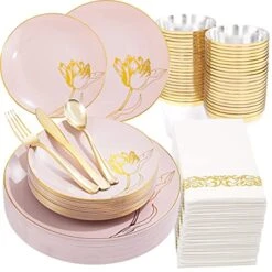175PCS Pink Plastic Plates - Floral Gold Disposable Plates Include 50Plates, 25Forks, 25Knives, 25Spoons, 25Cups, 25Napkins Perfect For Wedding & Party & Mother's Day