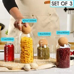 Storage Glass Jar With Ball Cork Lid, 3Pcs Glass Canisters With Cork Ball, Cute Decorative Round Glass Jars With Wood Ball Lid 500 ML/17Oz,800ML/27Oz,1200ML/41Oz -Peugeot Shop 51WkWR3IwqL