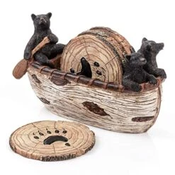Bear Coasters Set – 6 Full Size Rustic Coasters In Handmade Canoe With Adorable Black Bear Figurines | Black Bear Decor, Log Cabin Decor, Cabin Decorations, Rustic Lodge Decor For The Home