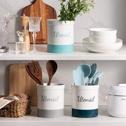 Kitchen Utensil Holder, 7.2" Ceramic Utensil Crock For Cooking Countertop, Housewarming, Wedding, Birthday Gift (Gray) -Peugeot Shop 51XB2zafblL