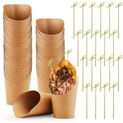 50 PCS Charcuterie Cups French Fries Holder With 50 PCS Bamboo Skewers 14oz Cardboard Cones For Food Disposable Take Out Paper Snack Cup Kraft Brown Paper Container