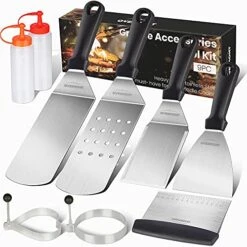 Griddle Accessories Tool Kit 9-Piece Professional Grill Spatula & Scraper Set Flipper Stainless Steel For Flat Top Grill Hibachi BBQ Camping Cooking Dishwasher Safe