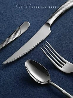 16-Piece ​Modern Black Hammered Silverware Set With Ultra Sharp 2-IN-1 Serrated Knive, 18/10 Stainless Steel Flatware Set, Titanium ​Plated Cutlery Set Service For 4, Reusable, Dishwasher Safe -Peugeot Shop 51XrCO9eakS