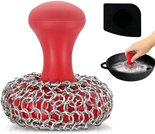 Cast Iron Scrubber + Pan Scraper, Upgraded Cast Iron Cleaner With Ergonomic Handle, Chainmail Scrubber For Cast Iron Pans And Skillets, Dishwasher Safe (Black, 1 Scrubber + 1 Scraper) 7 Cast Iron Scrubber + Pan Scraper, Upgraded Cast Iron Cleaner With Ergonomic Handle, Chainmail Scrubber For Cast Iron Pans And Skillets, Dishwasher Safe (Black, 1 Scrubber + 1 Scraper) - Image 7