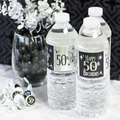 Black And Silver 50th Birthday Water Bottle Labels - Shiny Foil - 24 Stickers