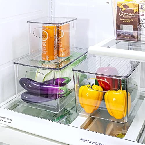 3 Pack Premium Plastic Storage Bins - Sturdy Refrigerator Pantry Organizer - Versatile Lightweight Stackable Cabinet Organization - Bath, Makeup, Food, & Snack Packet Organizer- Clear Square Bin 2 3 Pack Premium Plastic Storage Bins - Sturdy Refrigerator Pantry Organizer - Versatile Lightweight Stackable Cabinet Organization - Bath, Makeup, Food, & Snack Packet Organizer- Clear Square Bin - Image 2