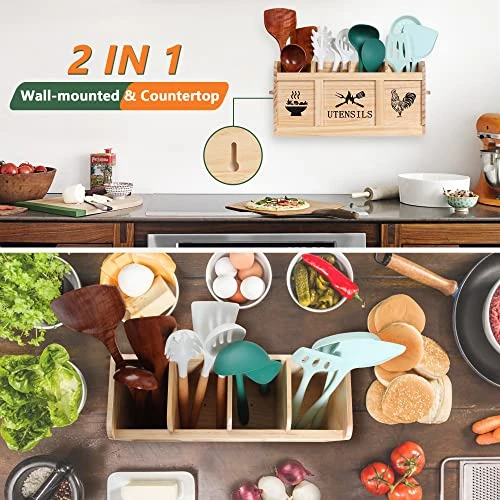 Extra Large Utensil Holder, 4 Compartments Utensil Holder For Kitchen Counter, Wood Utensil Holder Kitchen Utensil Organizer For Countertop & Hanging Option (Utensil Not Included) 3 Extra Large Utensil Holder, 4 Compartments Utensil Holder For Kitchen Counter, Wood Utensil Holder Kitchen Utensil Organizer For Countertop & Hanging Option (Utensil Not Included) - Image 3