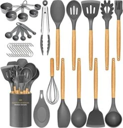 Kitchen Utensils Set, 33 Pcs Non-Stick Silicone Cooking Utensils Set, Heat-Resistant Silicone, Wooden Utensils For Cooking, Kitchen Gadgets Spatula Set, Apartment Essentials Kitchen Set (Khaki) -Peugeot Shop 51ZELlWPyiL. AC