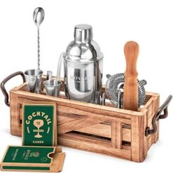 Ixology Bartender Kit With Wooden Stand - Great Housewarming Gift -12 Piece Bar Tools Set With Cocktail Kit Cards - Premium Bartending Kit For A Fun Bar Set - Stainless Steel Cocktail Shaker Set