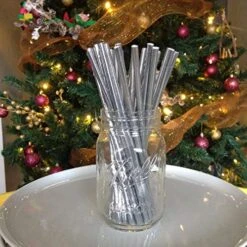 Metallic Silver Paper Straws, Biodegradable Disposable Party Drinking Straw For Birthday, Wedding, Bridal/Baby Shower, Christmas Decorations And Party Supplies, Pack Of 100