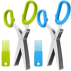 2 Packs Stainless Steel Herb Scissors, SourceTon Multi-purpose Kitchen Shear With 5 Blades And Cleaning Brush, Ergonomic Design Heavy Duty Durable Culinary Cutter With Sharp Blade