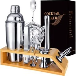 Cocktail Shaker Set Bartender Kit: 10-Piece Premium Stainless Steel Martini Shaker Set With Bamboo Stand Includes A 25 Oz Shaker To Make Mixing Wonderful