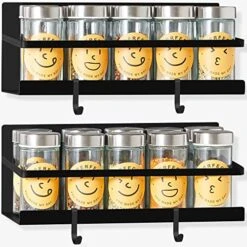 BRONYPRO Magnetic Spice Rack, 2 Pack Magnetic Shelf For Refrigerator, Large Spice Rack, Space Saver For Small Kitchen, Hanging Magnetic Storage With 4 Hooks, For Spices, Plates, Books, Plants（Black）